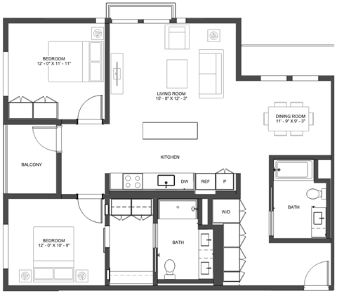 Floor plan for 2 beds, 2 baths, 1230 sqft